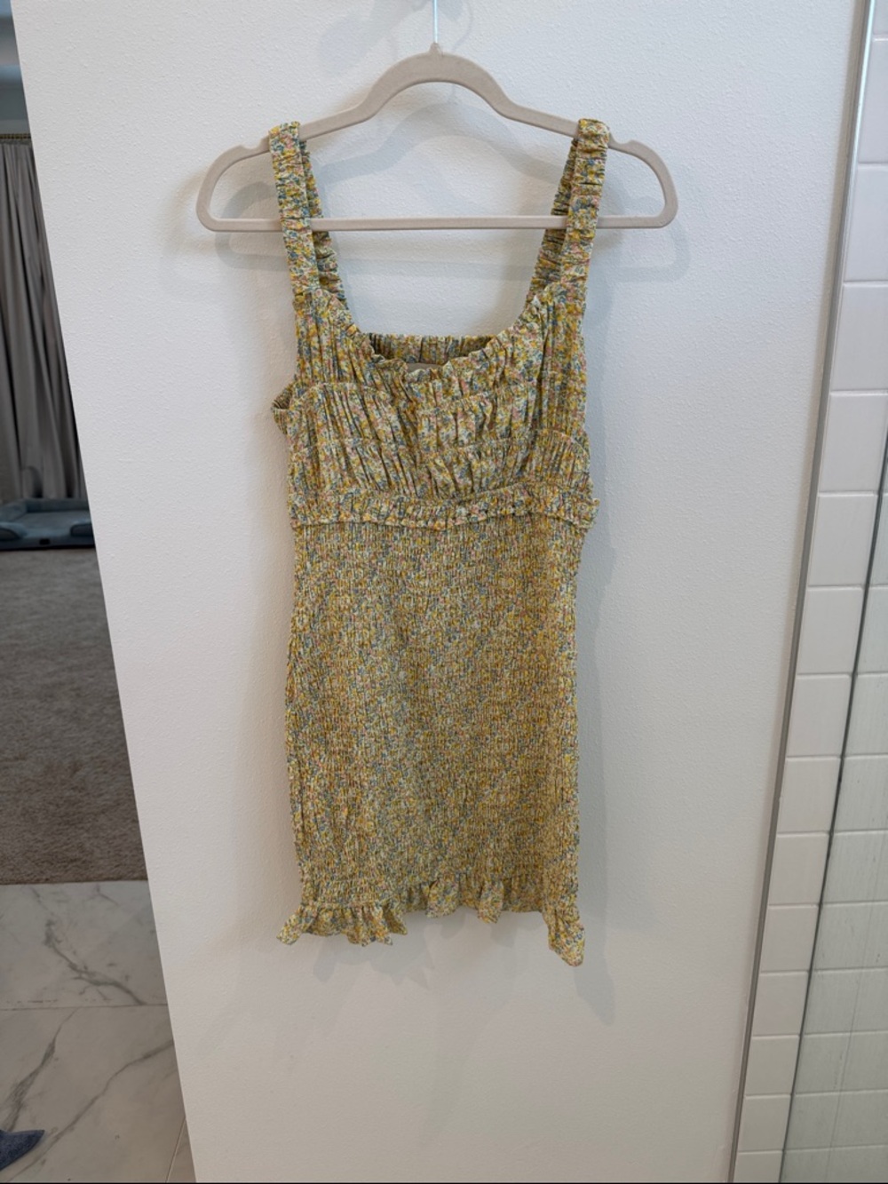 Smocked Ruffle Mini Dress in Yellow